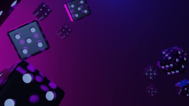 Purple dice falling down on gradient background.