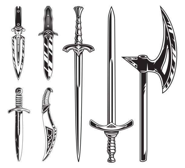 ilustrações, clipart, desenhos animados e ícones de pacote de vetores de armas meele. conjunto de espada isolada, adaga e machado. - sword