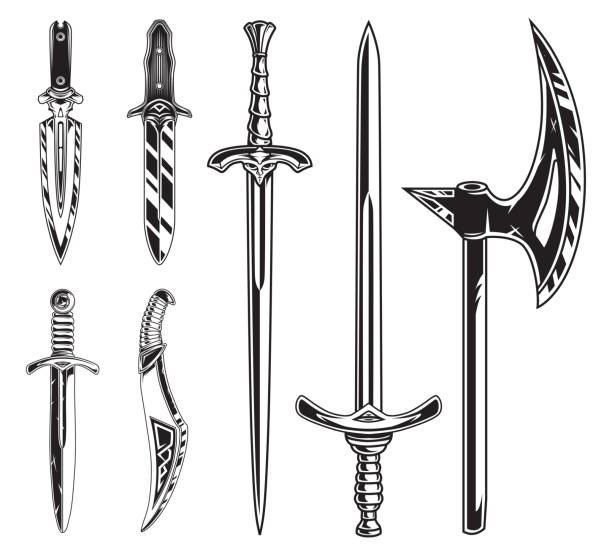 векторный набор оружия meele. набор из изолированного меча, кинжала и топора. - sword stock illustrations
