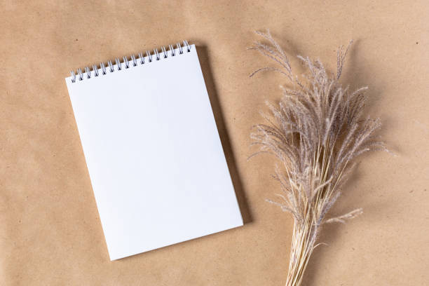 istock Open white paper empty blank of notepad for mock up with dried spikelets decoration on craft beige background. 1388363453
