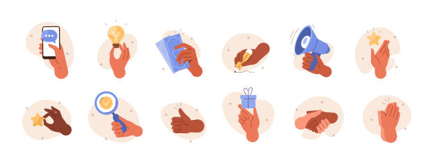 hands set Hands gestures illustration set. Character hands making thumbs up, handshaking, holding smartphone, pencil and other business objects. concept. Vector illustration. flat design icons stock illustrations