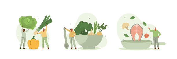 healthy eating set Healthy eating illustration set. Characters cooking fresh salad and other healthy meals from fresh vegetables and fish. Balanced vegetarian and vegan diet concept. Vector illustration. atkins diet stock illustrations