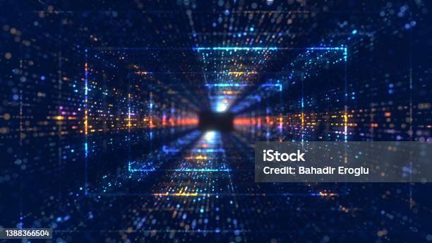 Flying Through The Futuristic Tunnel Abstract 3d Animation Data Network Virtual Reality Quantum The Concept Of Illuminated Corridor Interior Design Spaceship Galaxy Science Lab Technology Science Stock Photo - Download Image Now