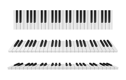 Collection realistic musical instrument row of black and white keys vector illustration. Set classical piano keyboard different side placement isolated. Artistic melody sound chord play performance