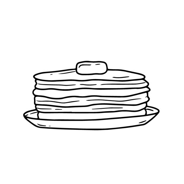 ilustrações, clipart, desenhos animados e ícones de uma pilha de panquecas com manteiga em um simples estilo de rabisco linear. vetor isolou ilustração alimentar. - pancake illustration and painting food vector
