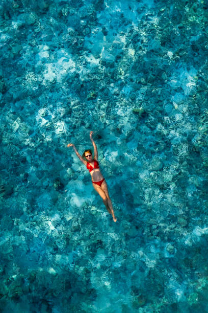 istock Woman lying on crystal water over reef in ocean 1388367938