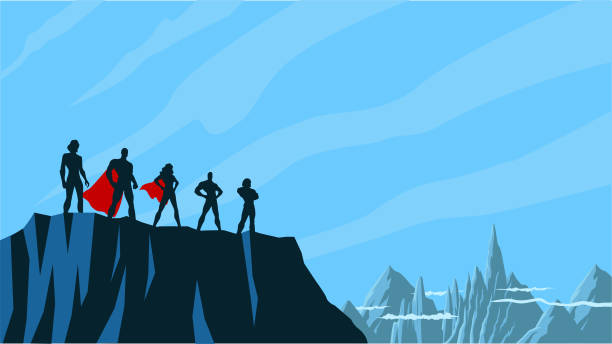 ilustrações, clipart, desenhos animados e ícones de silhueta da equipe de super-herói vetor em uma ilustração de estoque de penhasco - silhouette landscape cliff mountain