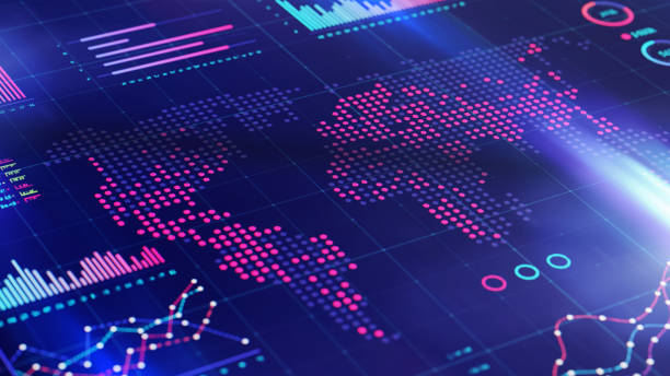 abstrakcyjna mapa świata i wykresy finansowe na wyświetlaczu cyfrowym - global communications global business global technology zdjęcia i obrazy z banku zdjęć