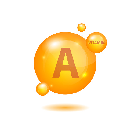 Vitamin A gold shining icon. Ascorbic acid. Shining golden substance drop. Nutrition skin care. Vector illustration.
