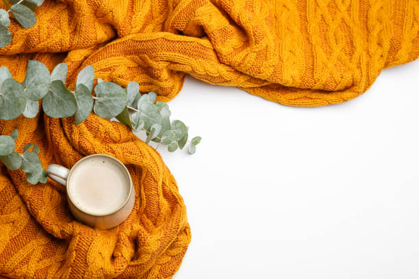 istock Flat lay composition with coffee and warm plaid on white background, space for text 1388376739