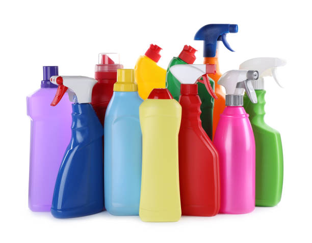 istock Bottles of different cleaning products isolated on white 1388376879