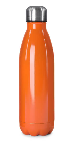 moderna botella de termo naranja aislada sobre blanco - insulated drink container fotografías e imágenes de stock