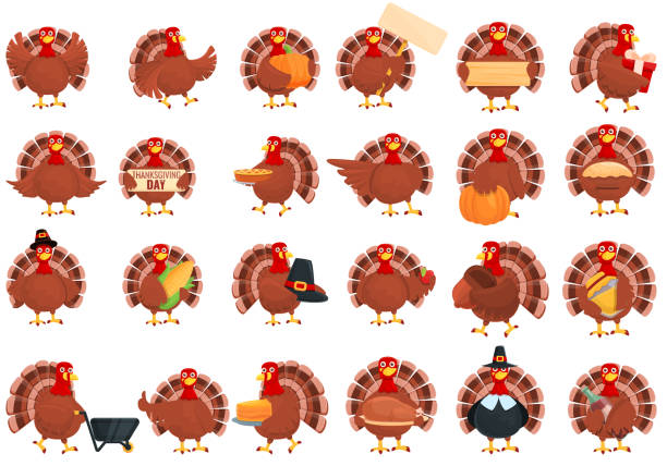 ilustrações de stock, clip art, desenhos animados e ícones de thanksgiving turkey icons set, cartoon style - turkey thanksgiving cartoon animated cartoon