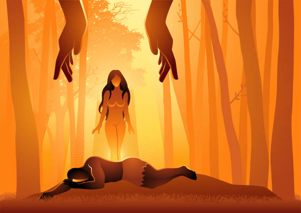Eve was created by God by taking her from the rib of Adam vector art illustration