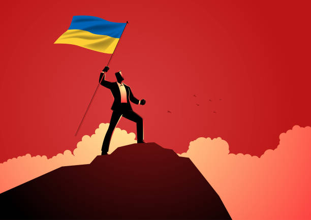 illustrations, cliparts, dessins animés et icônes de homme optimiste debout au sommet d’une montagne tenant le drapeau de l’ukraine - flag bearer