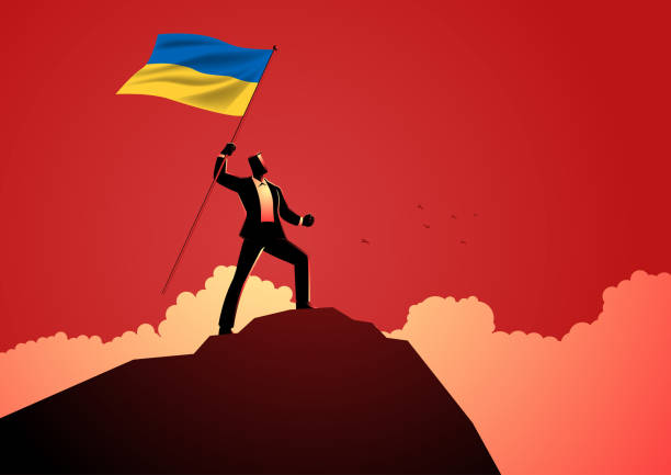 ウクライナの国旗を掲げた山の頂上に楽観的に立っている男 - leading climbing red moving up点のイラスト素材／クリップアート素材／マンガ素材／アイコン素材