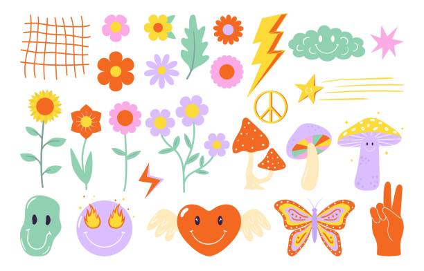 Vector groovy clipart collection Vector groovy clipart collection. 70s, 80s, 90s vibes stickers. Retro flowers. mushrooms, emoji, hand, butterfly illustrations. Vintage nostalgia elements for design and print hand clipart stock illustrations