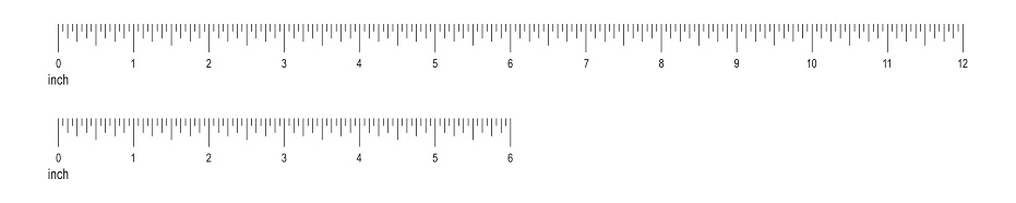 6 and 12 inch or 1 foot ruler scale with numbers. Horizontal measuring chart with markup. Distance, height or length measurement math or sewing tool. Vector graphic illustration