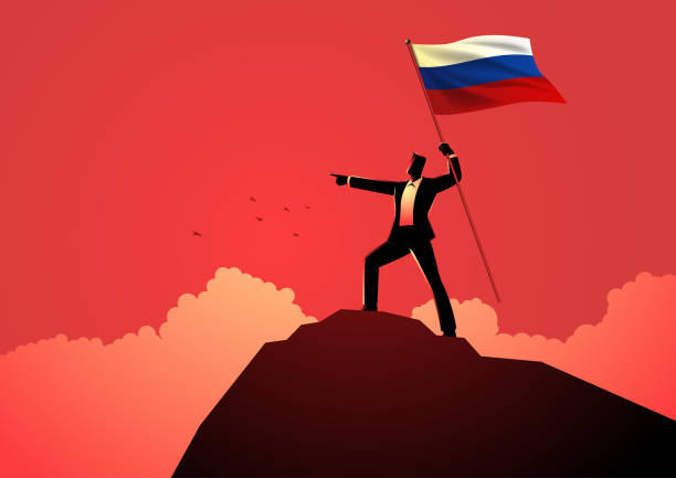 illustrations, cliparts, dessins animés et icônes de homme optimiste debout au sommet d’une montagne tenant le drapeau de la russie - flag bearer