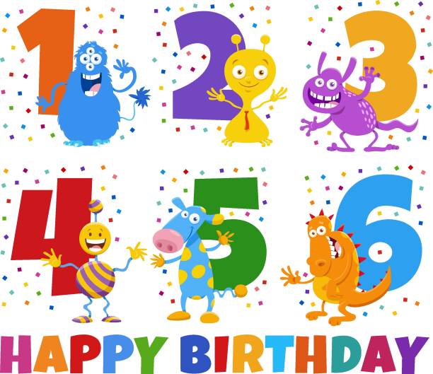 ilustrações de stock, clip art, desenhos animados e ícones de birthday greeting cards set with cartoon monster characters - third party