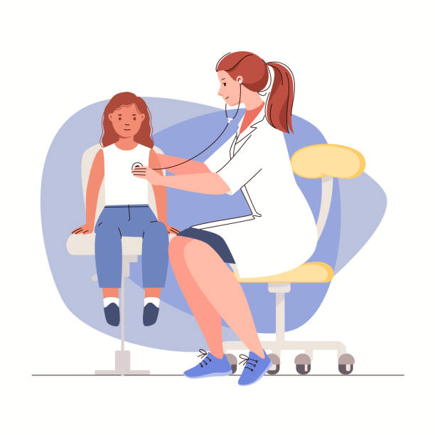 ilustraciones, imágenes clip art, dibujos animados e iconos de stock de el pediatra revisa la respiración, los soplos cardíacos. - doctor cheerful child healthcare and medicine
