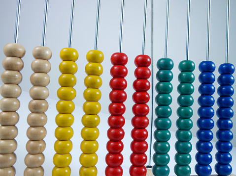 children's toy wooden abacus with multicolored knuckles, isolated on a white background