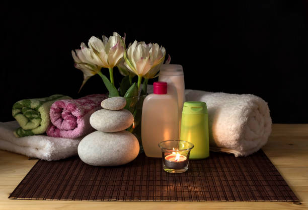 istock Personal hygiene items, towels on a table close-up 1388381551