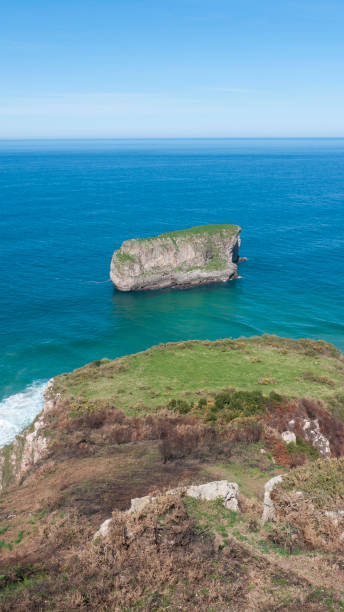 istock Rock island by green coastline 1388381586