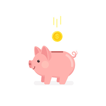 Cute cartoon piggy bank icon with falling gold coin. Saving money, investment, economy, banking concept. Vector illustration in modern flat style isolated on white background. Can be used for design