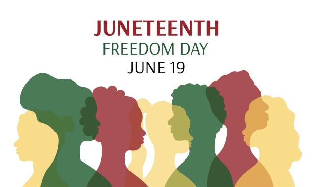 stockillustraties, clipart, cartoons en iconen met juneteenth freedom day banner. silhouettes of african american persons in profile. african men and women. june 19 holiday. vector poster illustration - juneteenth