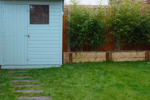 istock Pentland type garden shed, path and railway sleeper raised beds planted with bamboo. Modern garden design. 1388384416