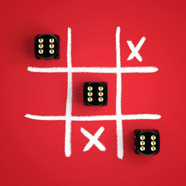 Gold Game Dice Cubes in Tic Tac Toe Game. 3d Rendering stock photo