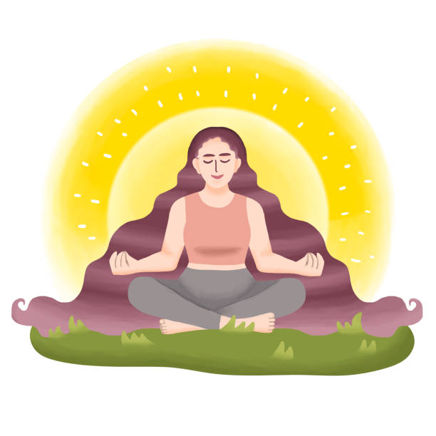 иллюстрация женщины, занимающейся йогой на лугу - yoga women emotional stress praying stock illustrations