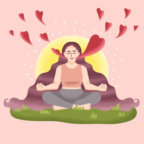 иллюстрация женщины, занимающейся йогой на луговом аффирмации - yoga women emotional stress praying stock illustrations