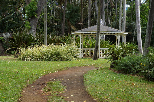 White pavilion among palm trees in Hawaii, USA.