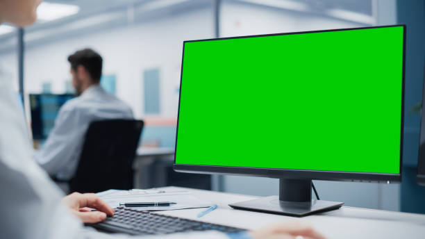 Hospital Research Lab: Female Medical Biotechnology Scientist Working on Green Screen Chroma Key Computer with Brain Scan MRI Images. Professional Neurologist Analysing CT Scan. Over Shoulder laboratorio de investigación hospitalaria: científica de biotecnología médica femenina trabajando en una computadora chroma key de pantalla verde con imágenes de resonancia magnética de escaneo cerebral. neurólogo profesional que analiza la tomograf