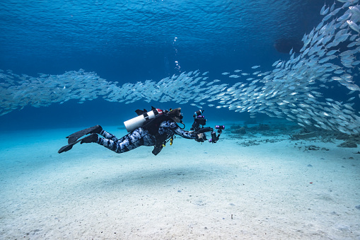 View of a female scuba diver in Palau, Micronesia