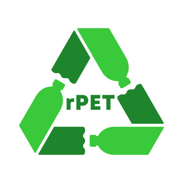 Recycled PET bottles sign or symbol. Recycle sign arrows formed with three green plastic bottles. Products from 100% recycled materials. Reusable polyester fiber. Vector illustration, flat, clip art. polyethylene terephthalate stock illustrations