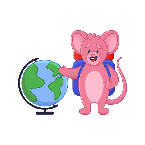 istock Pink mouse cartoon character planning hiking trip sticker 1388390534