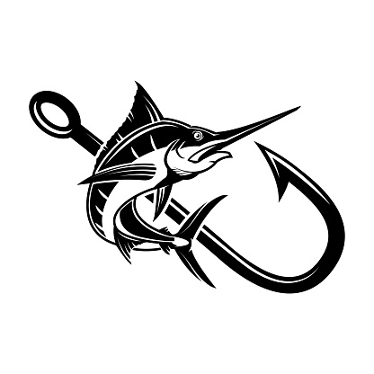 Sword fish with crossed fishing hooks. Design element for emblem, sign, poster, t shirt. Vector illustration