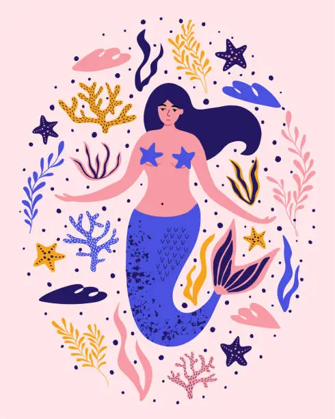 Vector illustration of Cute mermaid with seaweed, corals, starfish. Nautical surf summer background for textiles, t-shirts, greeting cards and more. Hand drawn vector illustration.