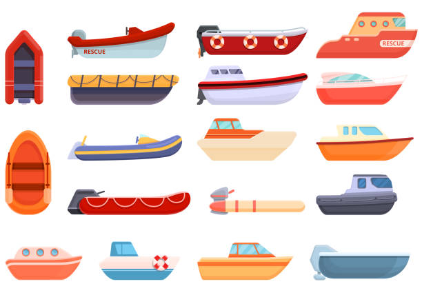 ilustrações, clipart, desenhos animados e ícones de ícones de barco de resgate definidos, estilo desenho animado - bote inflável