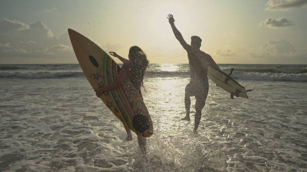 Surfers, Running, Sea, Wave, Surfing