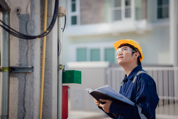 An Engineer is reading a document and checking the communication line. stock photo