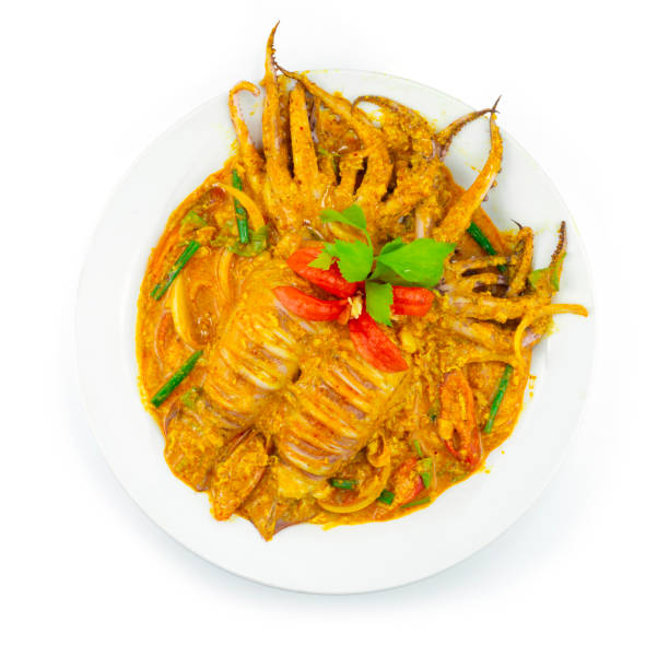 Stir Fried Squids with Yellow Curry Powder Thaifood fusion Style stock photo