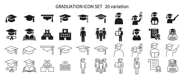 졸업 및 학습과 관련된 아이콘 세트 - 졸업식 stock illustrations