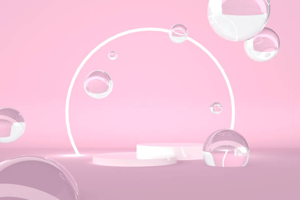 istock 3D Rendering Minimal Two Double Round Podium Stand Stage for Perfume Skincare Cosmetic Product Floating Crystal Glass Water Bubble Ball Glowing Ring Line Pink Blank Space Background Studio Advertisement 1388398416