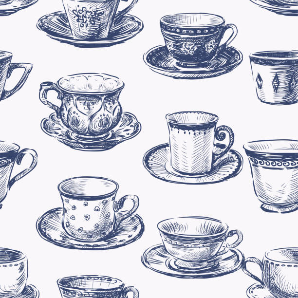 bezszwowy wzór szkiców zestaw różnych filiżanek do herbaty w stylu vintage - tea cup stock illustrations