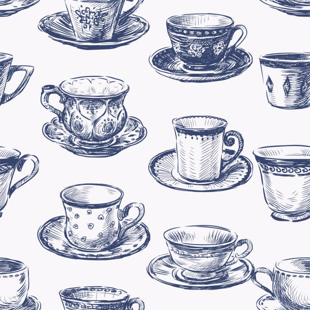бесшовный рисунок эскизов множества различных винтажных чайных чашек - чайная чашка stock illustrations