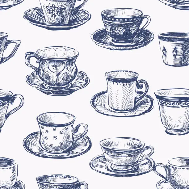 Vector illustration of Seamless pattern of sketches set various vintage tea cups